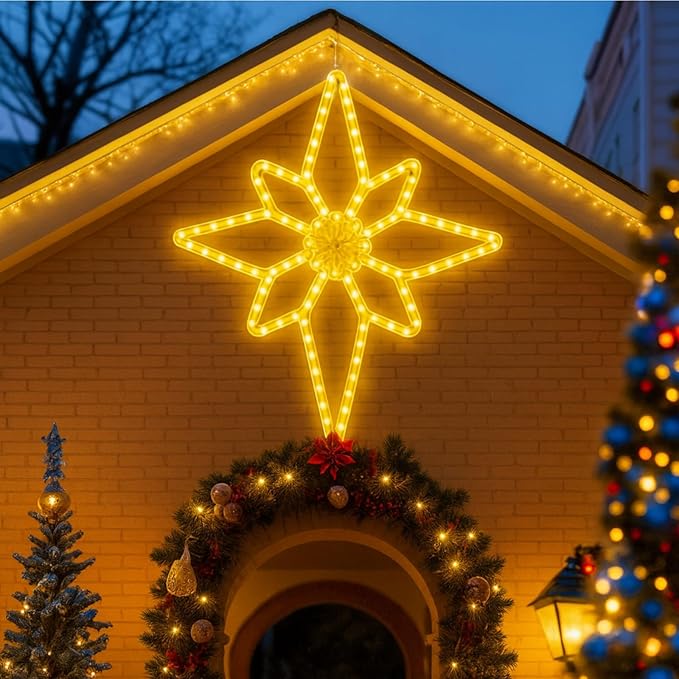 43"x32" Extra Large Christmas Bethlehem Star Shaped Lights Outdoor Window 125 LED Christmas Star Plug Operated Lights Nativity Holy with Timer and 8 Functions for Xmas Holiday Party Decor