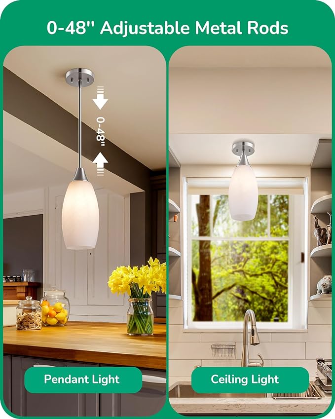 EDISHINE Pendant Light Fixture, Handcrafted Art Glass Hanging Light, Hardwired Ceiling Light, White Marble Glass Shade, Adjustable Brushed Nickel Rods, E26 Base, Pendant Lamp for Kitchen Bathroom Bar