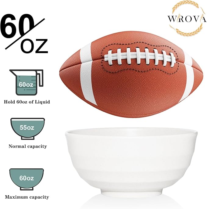 Wheat Straw Bowls Set 60 OZ, Unbreakable Large White Bowls Set of 6, Microwave and Dishwasher Safe Big Cereal Bowl for Dorm and Apartment, Salad Bowl for Serving Oatmeal and Popcorn (White)