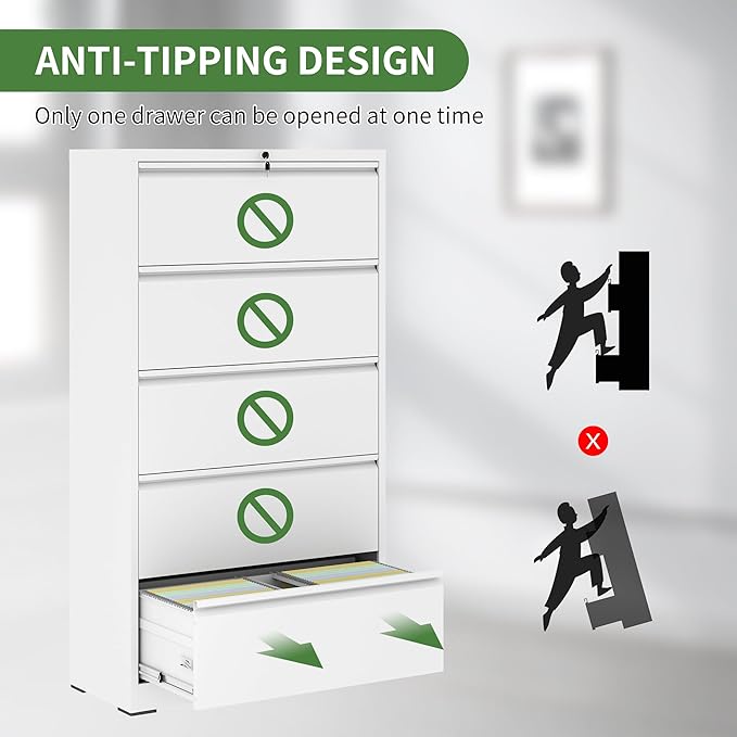 Lateral File Cabinet with Lock,5 Drawer Filing Cabinets for Home Office, Steel Wide Filing Organization Storage Cabinets for Hanging Files Letter/Legal/F4/A4 (White)