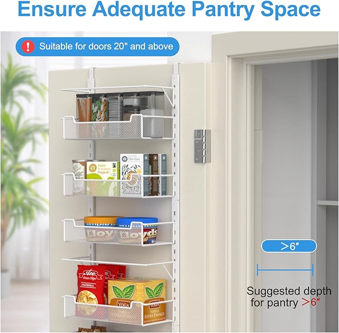 Over the Door Pantry Organizer, 6-Tier Over the Door Organizer with Adjustable Basket, Pantry Door Organization for Pantry Kitchen Storage Room Spice Rack, White