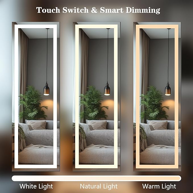 66x22 Frameless Full Length Mirror, Dimmable 3 Color LED Light w/Memory Function, Distortion Free, HD Reflection & Anti Desilvering, Tempered Glass & Shatter Proof Film Doubling Safety