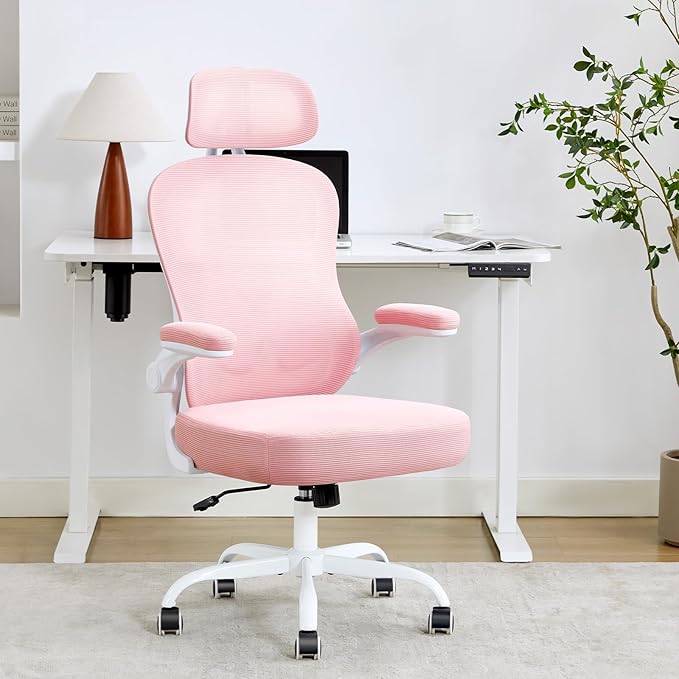 Ergonomic Office Chair,Ultra Thick Office Desk Chair with Adjustable Lumbar Support and Headrest,Spring Cushion,Rocking Function,Flip-up arms,Mesh Computer Chair for Home Office,Pink