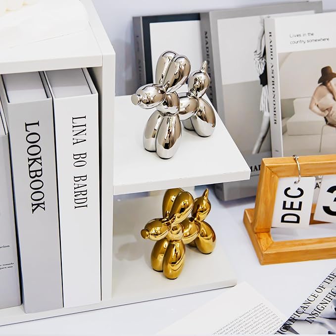 Creative Balloon Dog Statues Small Ceramic Animal Sculpture Modern Home Decor Living Room Desktop Decorations Bedroom Office Cabinet Ornament (Silver)