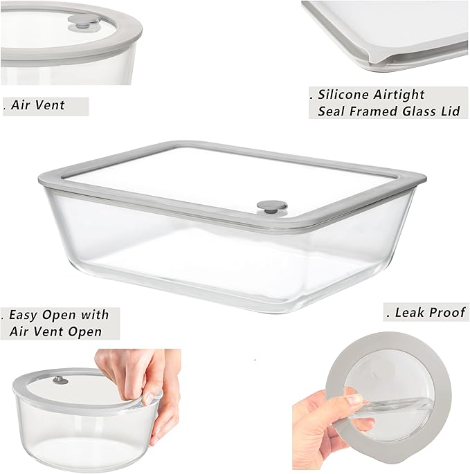 Glass Food Containers with Glass Lid, Microwave Safe Food Storage Container Set, 3 Pack, Square Shape, Food Containers with Lids, Meal Prep containers with Leak Proof Lid.