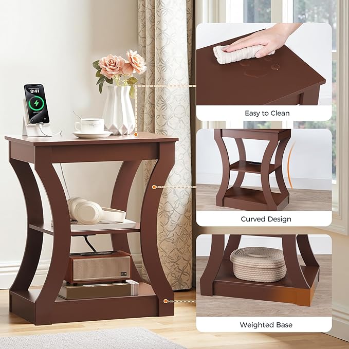 End Table with Charging Station, Side Table with USB Ports and Outlets, 3 Tier Nightstand with Storage Shelf for Small Spaces, Living Room, Bedroom, Cherry ETWA53E01