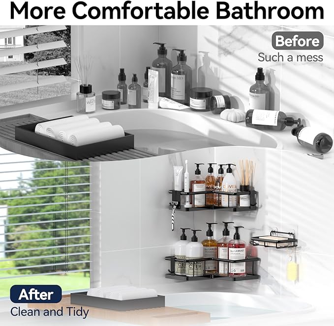 YASONIC Corner Shower Caddy Organizer, 3-Pack Adhesive Rustproof Stainless Steel Shower Shelves with Soap Holder, No Drilling Shower Storage Rack for Family Renters Bathroom, Black