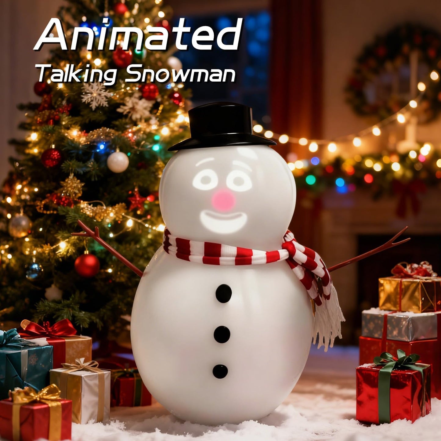 Nyrvexa Animated Talking Snowman,Singing,Talking,Dancing Interactive Blinking Snowman with Built-in Projector & Speaker -Plug'n Play Christmas Decoration, LED Facial Projection (USB/Battery Powered)
