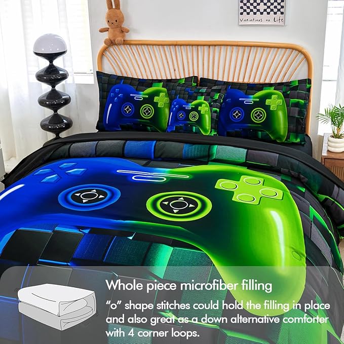 PERFEMET Gamer Comforter Queen Set 6 Pieces Blue and Green Game Console Boys Bedding Set with Sheets Soft Fluffy 3D Video Game Bed in a Bag for Kids Teen(Blue Green, Queen)