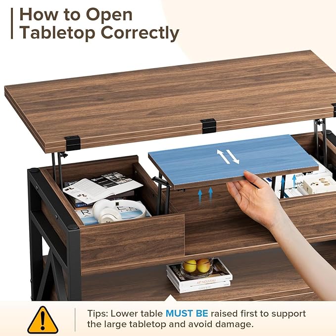 40" Lift Top Coffee Table,4 in 1 Multi-Function Lift Coffee Tables with Storage Drawers and Hidden Compartmen,Farmhouse Coffee Table with Lifting top for Living Room, Walnut