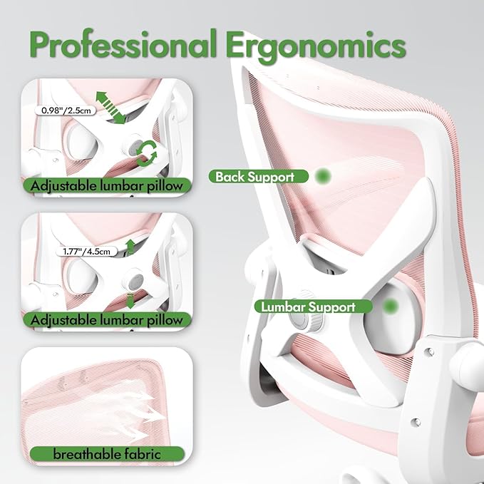 Ergonomic Office Chair: Mesh Desk Chair with Adjustable Lumbar Support 330lbs High Back Computer Gaming Chair - Work Chairs with Flip-Up Arms for Long Hours-Adults Home Office (Pink)