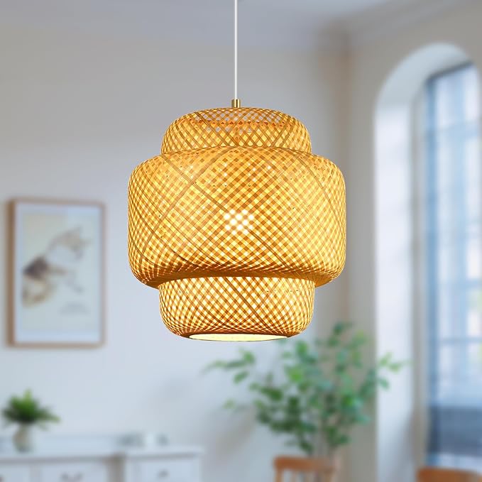 11.8inch Bamboo Pendant Light, Boho Chandelier Hand-Woven Wicker Rattan Hanging Ceiling Lighting, Rustic Farmhouse Pendant Lamp for Kitchen Island, Dining Room, Bedroom, Living Room, Foyer