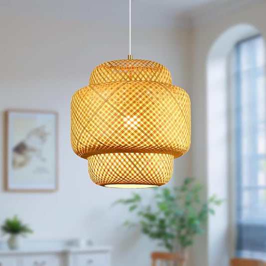 15.7inch Bamboo Pendant Light, Boho Chandelier Hand-Woven Wicker Rattan Hanging Ceiling Lighting, Rustic Farmhouse Pendant Lamp for Kitchen Island, Dining Room, Bedroom, Living Room, Foyer