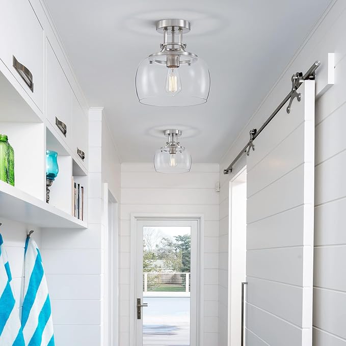 WUZUPS Chandelier Rustic Farmhouse Industrial Round Semi-flushmount Ceiling LED Light Fixture with Clear Glass Shades for Bathroom Kitchen Foyer Entryway, H 10" x W 10", E26 Base, Brushed Nickel