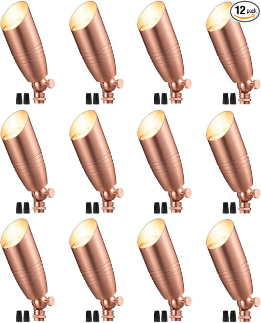 Die-Cast Brass Spot Light Outdoor - 12V LED Uplighting Waterproof, Low Voltage Landscape Lights Bright, Metal Direct Wire Copper for Fence Fountain Without MR16 Bulbs (12 Pack)