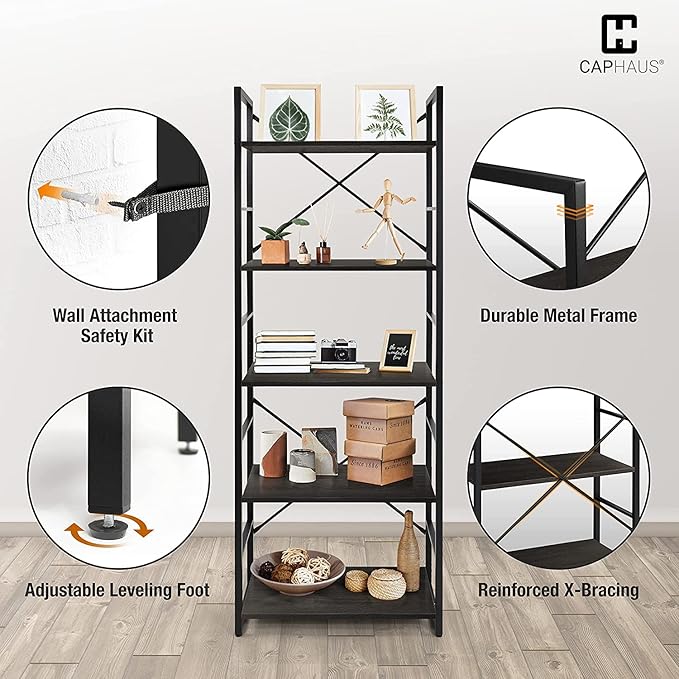 CAPHAUS 6 Tier Bookshelf, 24 Inch Width Free Standing Shelf, Bookcase Shelf Storage Organizer, Industrial Book Shelves for Home Office, Living Room, Kitchen, Black Shelves & Metal Frame