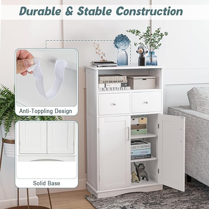 Tangkula Bathroom Cabinet, Freestanding Storage Organizer w/2 Drawers & 2 Doors, 3-Position Adjustable Shelves, Anti-Toppling Design, Floor Cabinet for Bathroom (White, 2 Drawers & Cabinet)