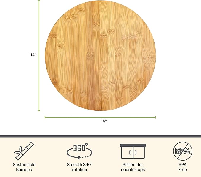Lazy Susan Organizer for Cabinet, Pantry or Tabletop – 14" Bamboo Turntable for Kitchen, Counter or Spice Rack Storage