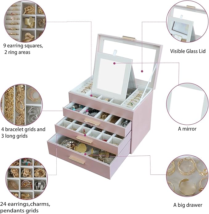 BOOVO Jewelry Boxes for Women, White and Black 4 Layer Large Jewelry Box for Necklace, Bracelet, Earrings, Rings Storage, Jewelry holder Organizer for Girls Gift (Rose gold, 4 layer)