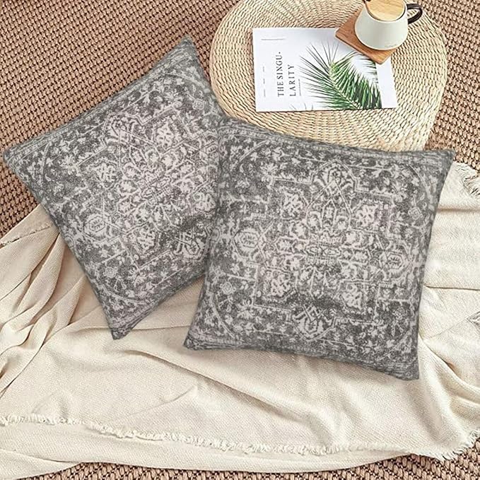 Black Grey Boho Pillow Covers 18x18 Set of 2, Bohemian Carpet Pattern Decorative Throw Pillows Ethnic Rustic Farmhouse Cushion Cases Linen Gifts for Couch Sofa Outdoor Decor