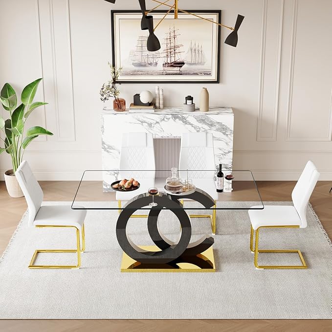 63'' Glass Dining Table Set for 4, Kitchen Table Chairs Set of 4, Clear Glass Dining Table with Black unique design Leg and Gold Metal Base, 4 PU Dining Chairs with Metal Legs, Living Room, Kitchen.
