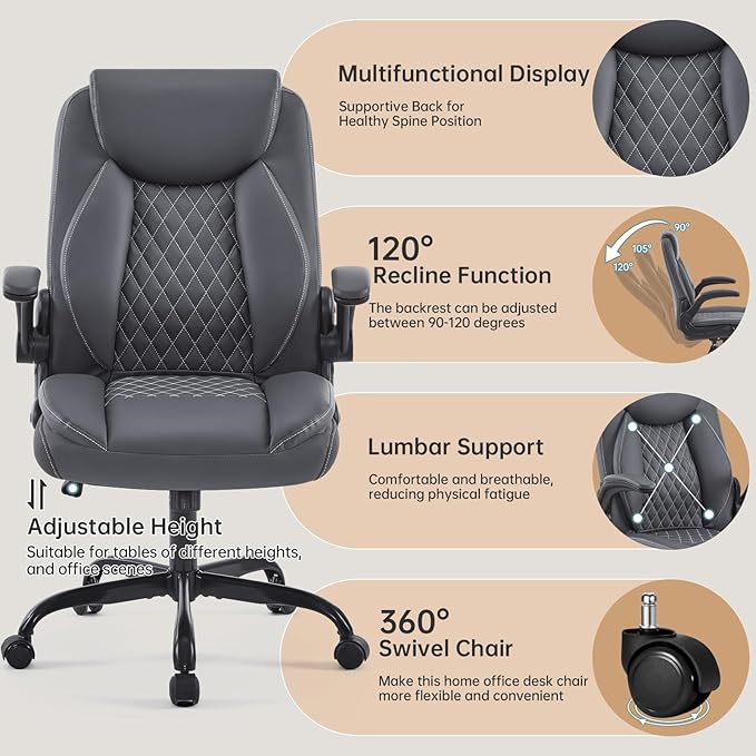 YFO Leather Office Chair, Ergonomic Home Office Desk Chair, Back Support Swivel Executive Office Chair with Wheels and Flip-Up Armrests, Small Gaming Chair with Adjustable Rocking Function, Grey