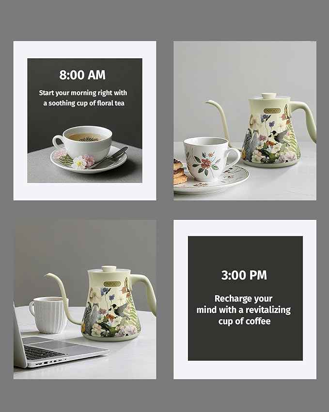 INFOOD 0.8L Gooseneck Electric Kettle, Precise Temperature Control for Pour Over Coffee & Tea, 1200W Fast Boiling Water, Auto Shut Off, Scheduling, Stainless Steel, Floral Painted Design