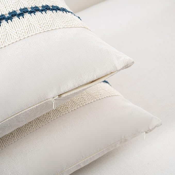 Fancy Homi Set of 2 Boho Teal Decorative Throw Pillow Cover 16x16 Inch for Couch Bed Sofa, Aesthetic Modern Organic Farmhouse Home Decor, Soft Cotton Cute Accent Macrame Woven Cushion Case