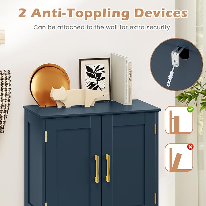 Tangkula Bathroom Floor Storage Cabinet, 43.5" H Freestanding Pantry Cabinet with 4 Doors and 2 Adjustable Shelves, Kitchen Cupboard for Living Room, Dining Room, Bathroom (Navy Blue, 43.5" H)