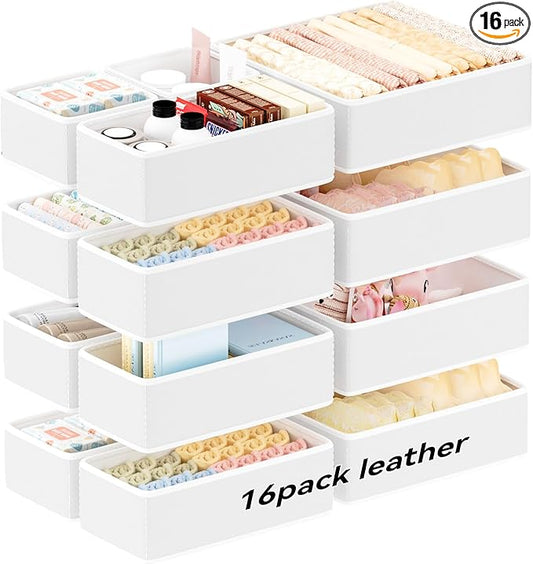 Vegan Leather Drawer Organizers,16 Pack Makeup Storage boxes,Vanity Drawer Luxury upgrade,Bedroom fabric Drawers replacement,bathroom organization and storage Optimal solution
