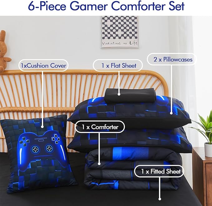 PERFEMET 6 Pieces Gamer Comforter Sets Kids Queen Size Blue Gamer Comforter Bed in A Bag for Boys Teen 3D Cool Video Gaming Black Bedding Set(Blue, Queen)