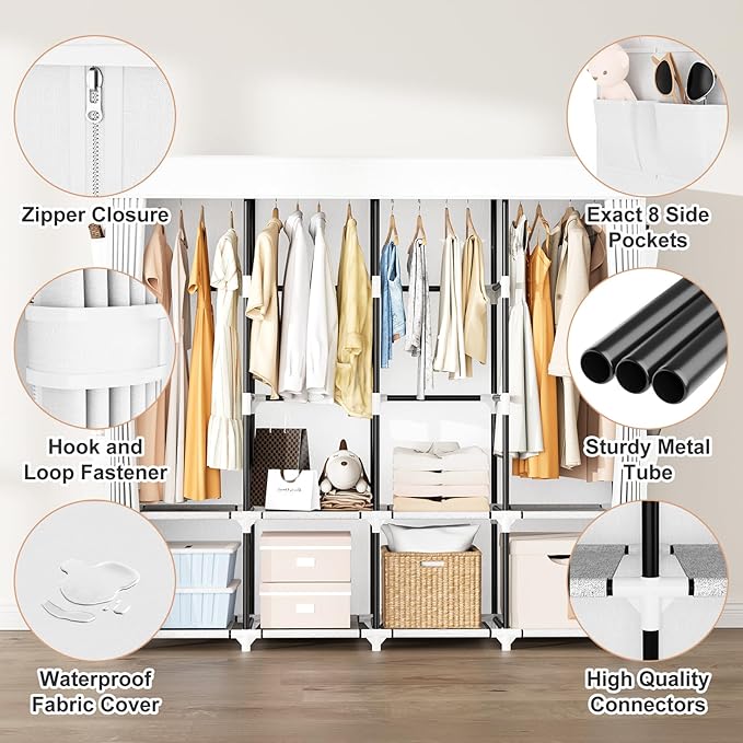 Portable Closet for Hanging Clothes, 67 Inch Wide Portable Wardrobe Closet with Cover, 4 Hanging Rod, Storage Shelves and Side Pockets, Large Free Standing Closet for Bedroom, White