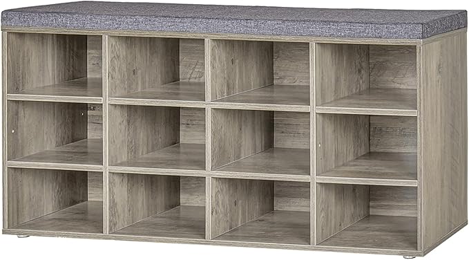 DINZI LVJ Shoe Bench, 12 Cubbies Shoe Organizer for Entryway, Storage Bench with Cushion, Cubby Shoe Rack with Adjustable Shelves for Living Room, Bedroom, Mudroom, Hallway, Gray Wash