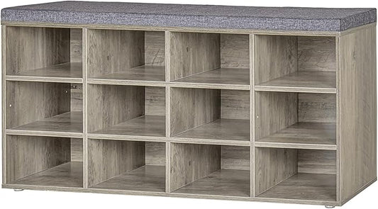 DINZI LVJ Shoe Bench, 12 Cubbies Shoe Organizer for Entryway, Storage Bench with Cushion, Cubby Shoe Rack with Adjustable Shelves for Living Room, Bedroom, Mudroom, Hallway, Gray Wash