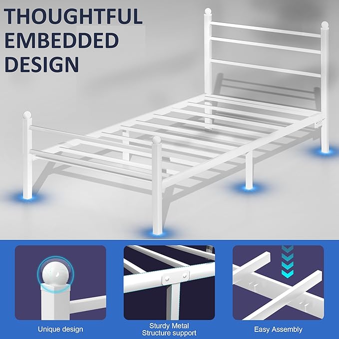 Twin Bed Frame with LED Lights & Charging Station, Metal Platform Bed with Headboard, Heavy Duty Metal Slats, No Box Spring Needed, Noise Free, Easy Assembly, White