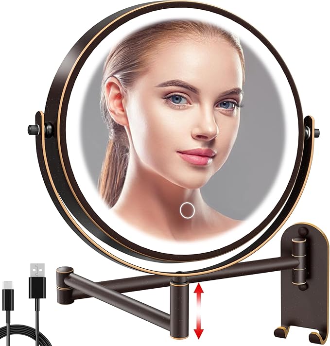 8" Wall Mounted Lighted Makeup Mirror, 3000mAh Rechargeable Double Sided 1X/10X Magnifying Mirror with Hook, 3 Color Lights Touch Dimmable 360° Rotation Vanity Mirror for Bathroom (Antique Bronze)