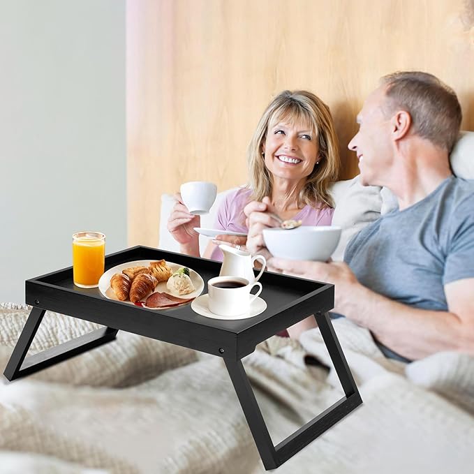 Bamboo Bed Tray Table with Foldable Legs, Breakfast Tray, Laptop Desk for Bed or Sofa,Food,Dinner,Serving,TV Table Kitchen, Eating,Working, Reading(Black)