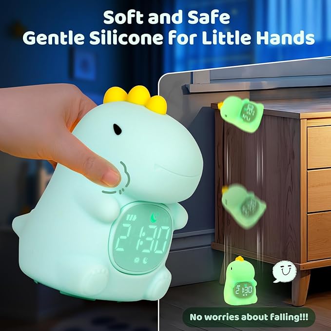 Dinosaurs Alarm Clock with Night Light for Kids with Sleep Training and Sound Machine, Rechargeable Silicone Lamp OK to Wake Clock，Cute Animal Tabletop Lamp, Perfect Sleep Companion for Boys Girls