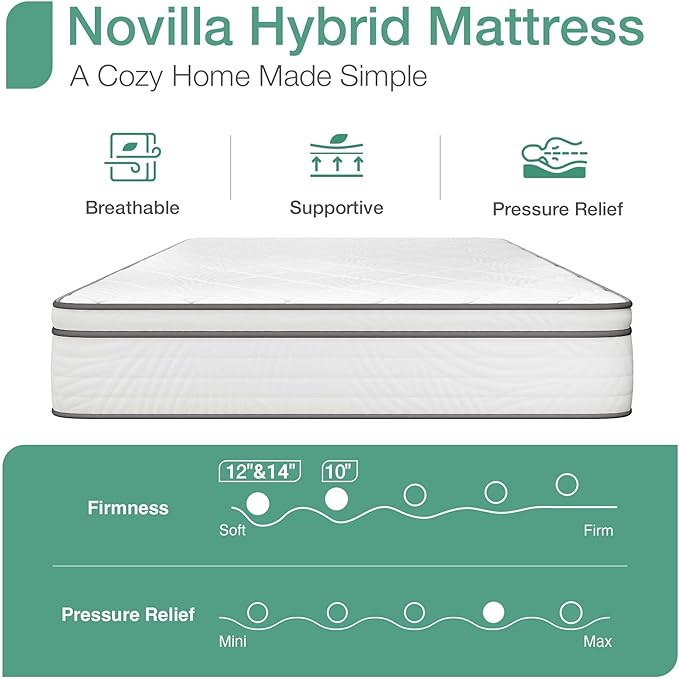 Novilla King Mattress, 10 inch Hybrid Mattress King Size for Back Pain Relief & Support, King Size Mattresses in a Box with Comfortable Foam & Individually Pocket Spring, Certipur-Us Certified