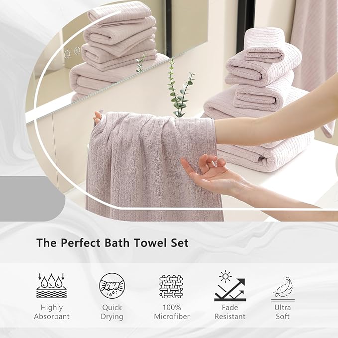18 Piece Bath Towels Set,Soft Family Bathroom Towel Set with Hanging Loops-6 Bath Towels,6 Hand Towels,6 Washcloths,Highly Absorbent Quick Dry Shower Towel for Bathroom,Hotel,Spa-Blush Pink Towel Set