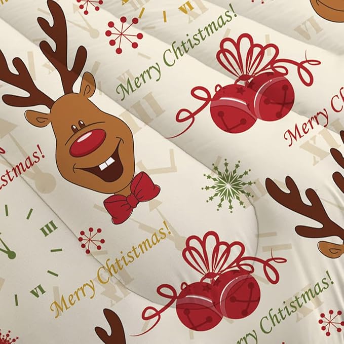 Christmas Comforter Set King Size for Boys Girls, Cartoon Merry Christmas Reindeer Print Bedding Set, Christmas Decorations Cute Beige Xmas Bed Set with 1 Comforter and 2 Pillowcases