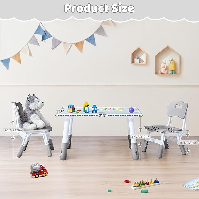 Toddler Table and 2 Chairs Set, Height Adjustable Kids Table and Chairs, 31.5''L x 23.6''W, Marble Pattern & Graffiti Desktop, Children Multi-Activity Table for Home/Daycare/Classroom