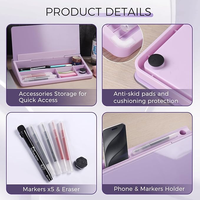 TOWON Small Compact Glass Desktop Whiteboard with Storage – 12 x 7 in Dry Erase Board for Desk, Home Office, School | Includes 5 Markers, Eraser & Holder | Space-Saving Organizer, Aesthetic Lavender