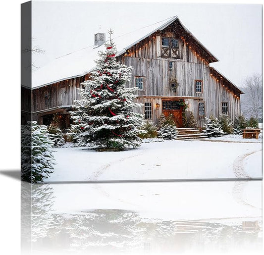 Rustic White Barn & Christmas Tree Winter Landscape Canvas Wall Art - Farmhouse Christmas Framed Canvas Prints, Rustic Christmas Wall Decor for Living Room, Cozy Christmas Gifts & Festive Decorations