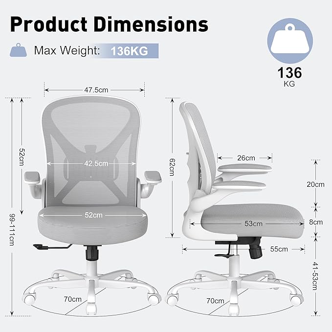 Ergonomic Office Chair with Adjustable Lumbar Support, Mesh Home Office Desk Chair with Wheels and Flip-up Arms, Grey