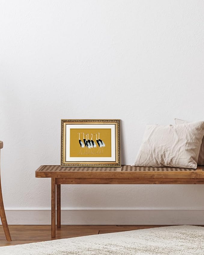 VIYYIEA Gold Framed Wall Art Canvas Print Home Decor, Vintage Cranes Wall Art for Living Room, Vintage Animal Oil Painting Picture, Print Framed Home Decor, Bathroom Wall Decor Seven Cranes 11x14in