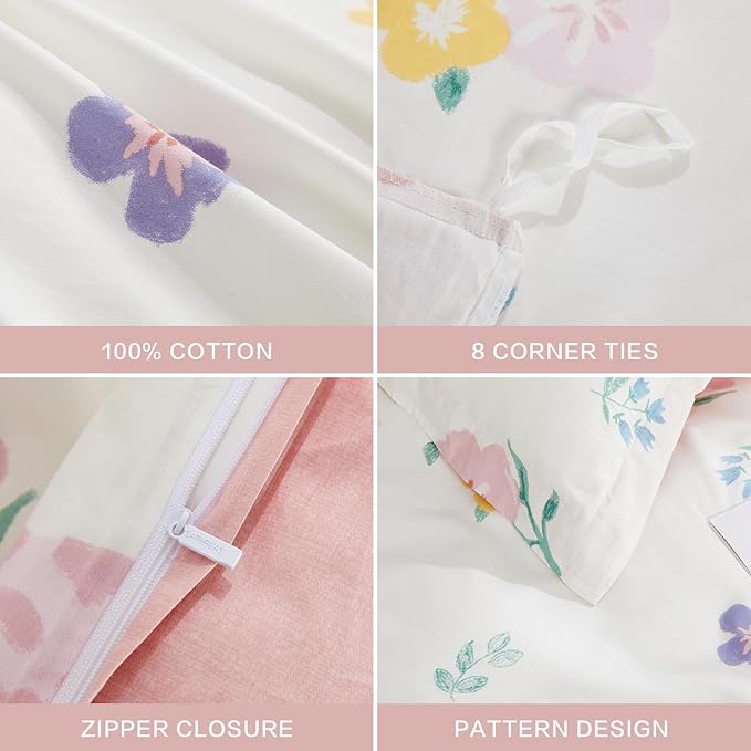 SAPHREAS Pink Floral Duvet Cover Set King Size Colorful Flowers White Bedding Comforter Cover Set 100% Cotton 1 Duvet Cover 104"x90" 2 Pillow Shams, Comforter Not Included