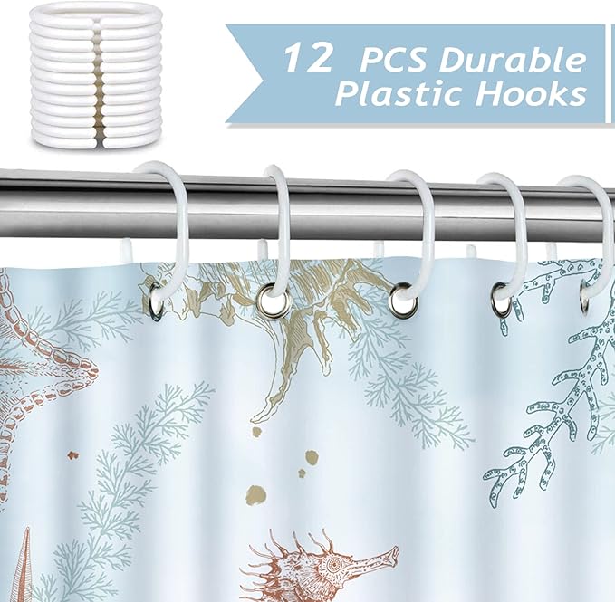 Bonhause Coastal Seahorse Shower Curtain, Blue Ocean Beach Starfish Coral Underwater Bathroom Curtain 72 x 72 Inch Polyester Fabric Waterproof Bath Curtain with 12 Hooks