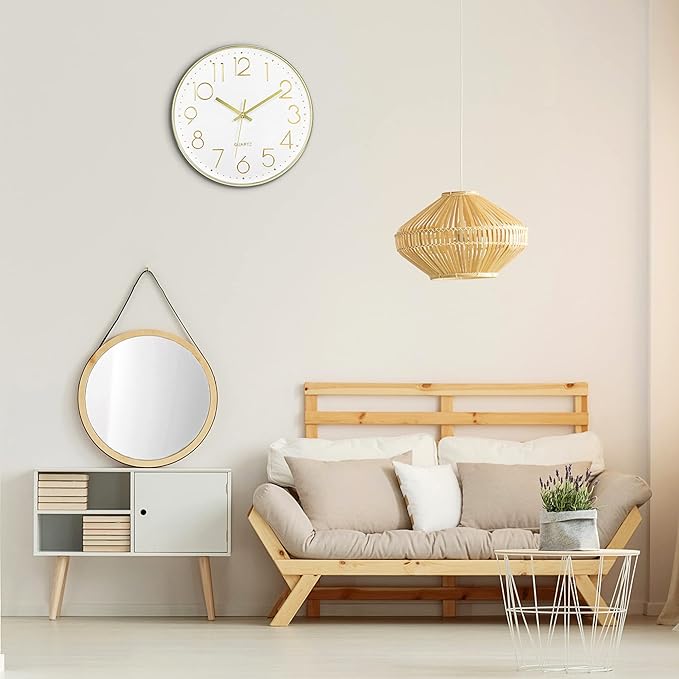 Foxtop Gold Wall Clock 12 Inch Silent Non-Ticking Battery Operated Round Modern Wall Clock for Living Room Bedroom Kitchen Home Office Decor