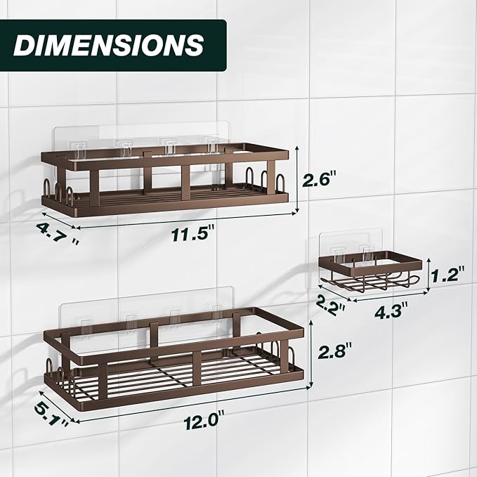 Shower Caddy Adhesive,No Drill Bathroom Organizer,Large Capacity Rustproof Shelves for Inside Shower,Bathroom Organizers and Storage,Bronze